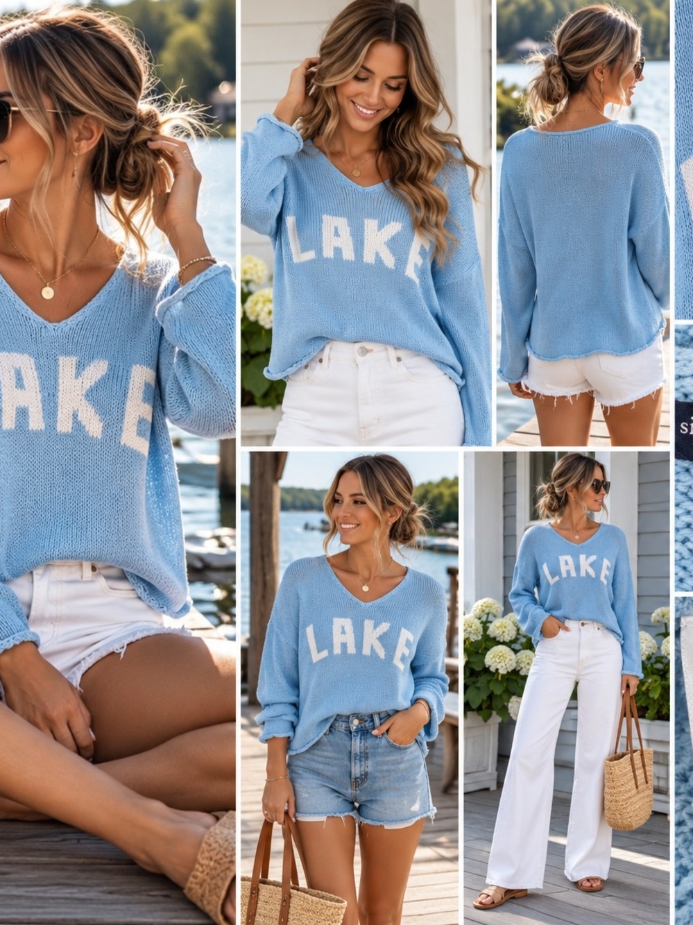 Simply Southern Lake V-Neck Sweater in Light Blue and White